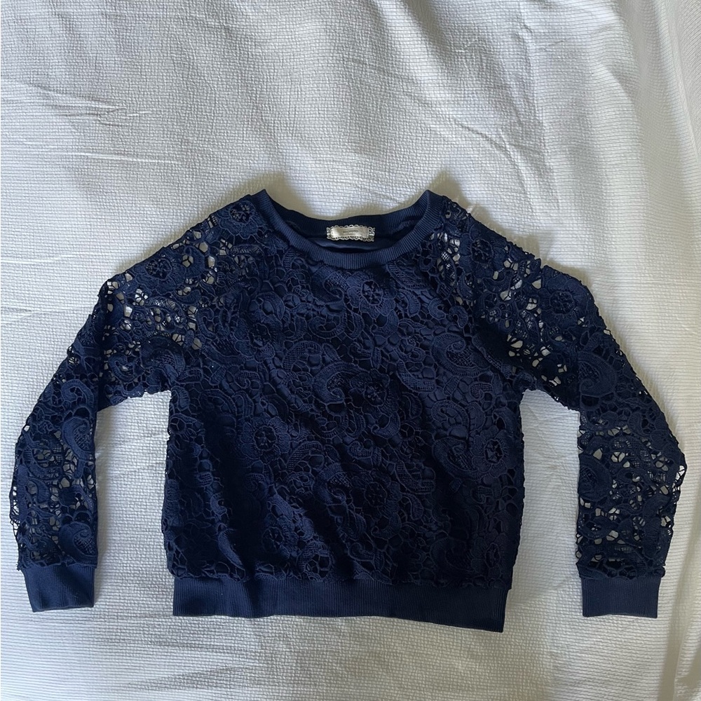 Girls size 10/12 Navy Blue Crochet Lace Long Sleeve Top